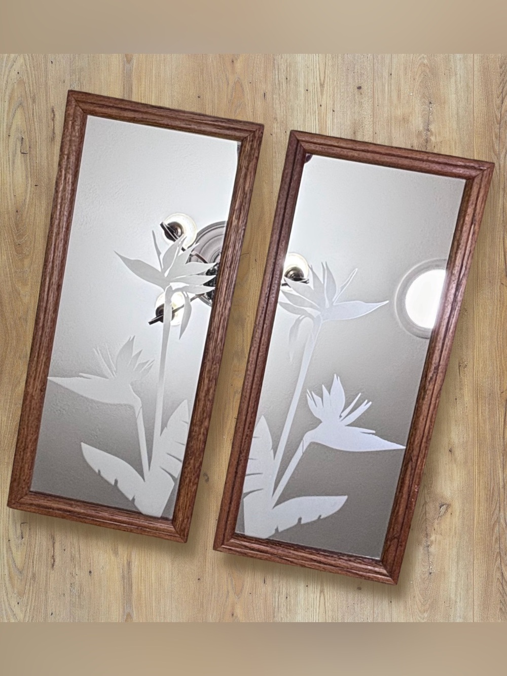 2 Vintage MCM 80s Frosted Etched Glass Mirror Wood Birds of Paradise 21" × 9.5"